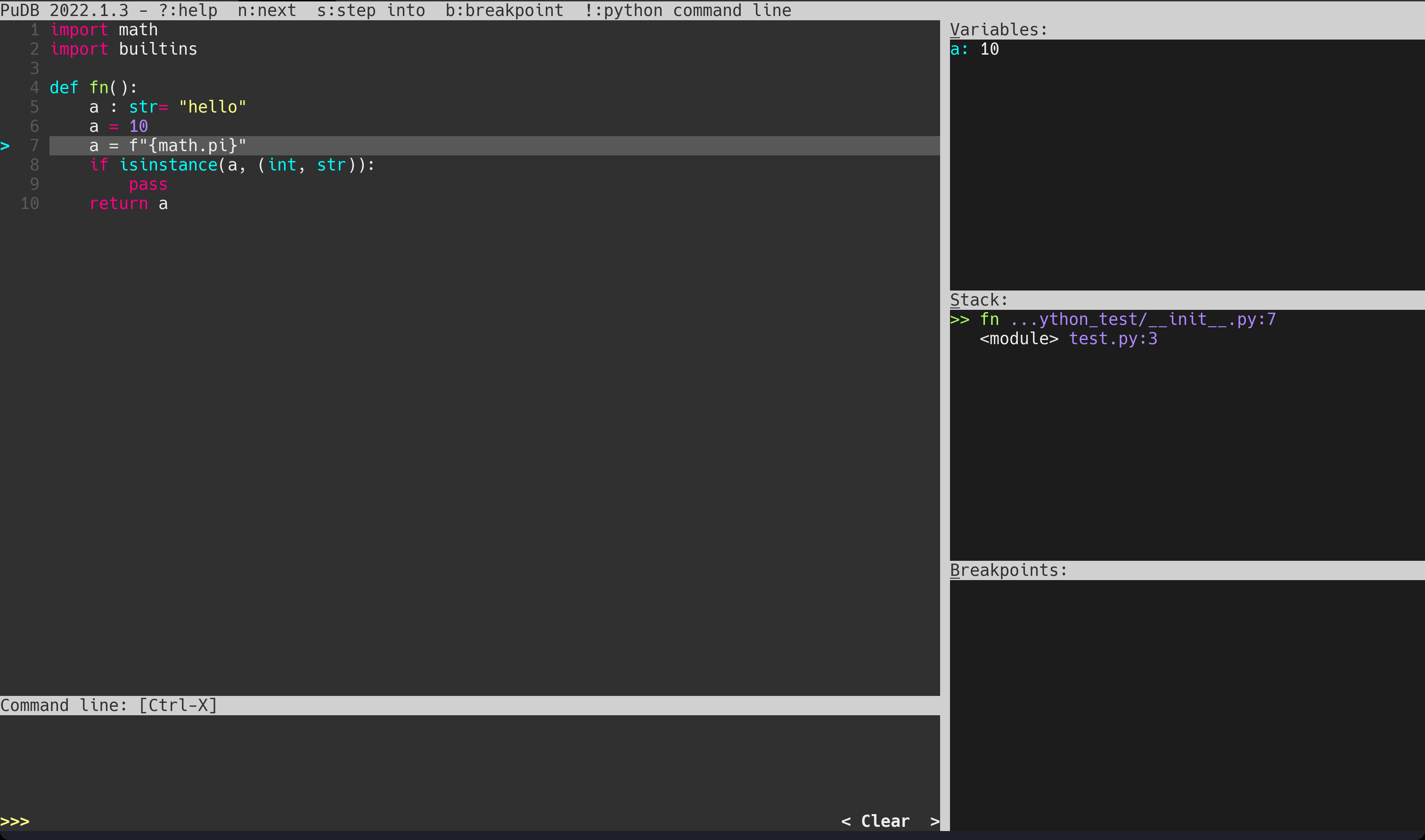 PuDB window debugging a simple function.